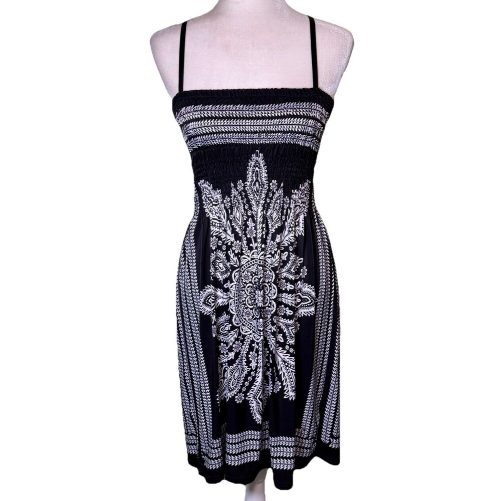 Women’s Boho Paisley Sundress‎ Smocked Bodice Spaghetti Strap Summer Dress Sz Sm